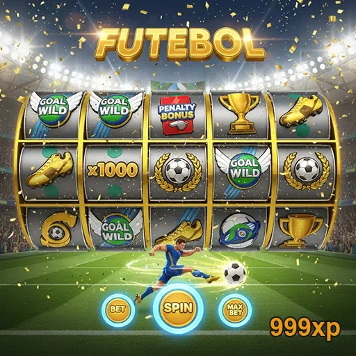 Imagem de jogo de slot de futebol no site 999xp, mostrando símbolos e prêmios relacionados ao esporte.