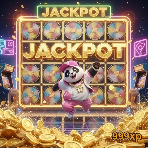 Imagem de um panda dourado celebrando ganhos em 999xp, representando o jackpot emocionante.